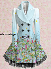 Floral Print Vintage Elegant Lapel V-Neck Button Up Long Sleeve Coat Dress