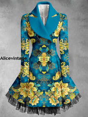 Floral Print Vintage Elegant Lapel V-Neck Button Up Long Sleeve Coat Dress