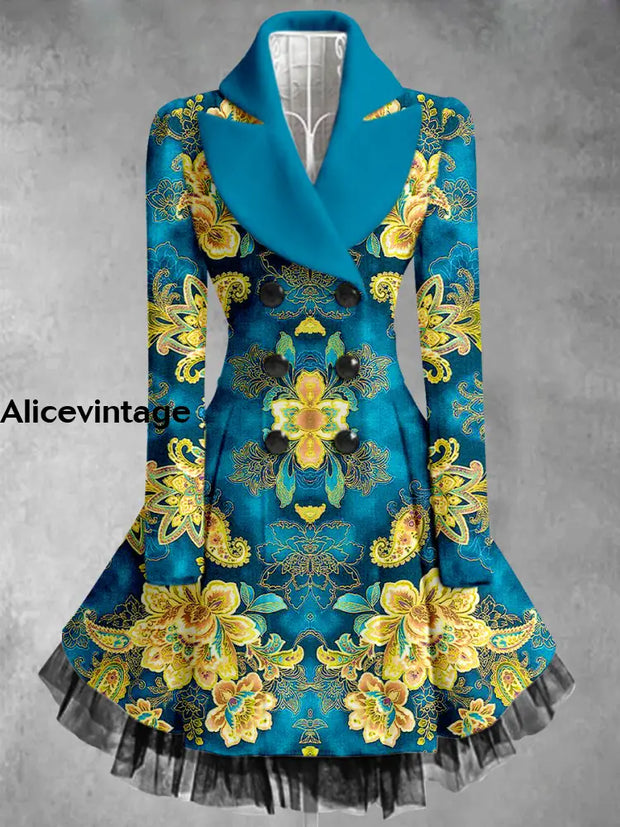 Floral Print Vintage Elegant Lapel V-Neck Button Up Long Sleeve Coat Dress