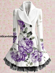 Floral Print Vintage Elegant Lapel V-Neck Button Up Long Sleeve Coat Dress