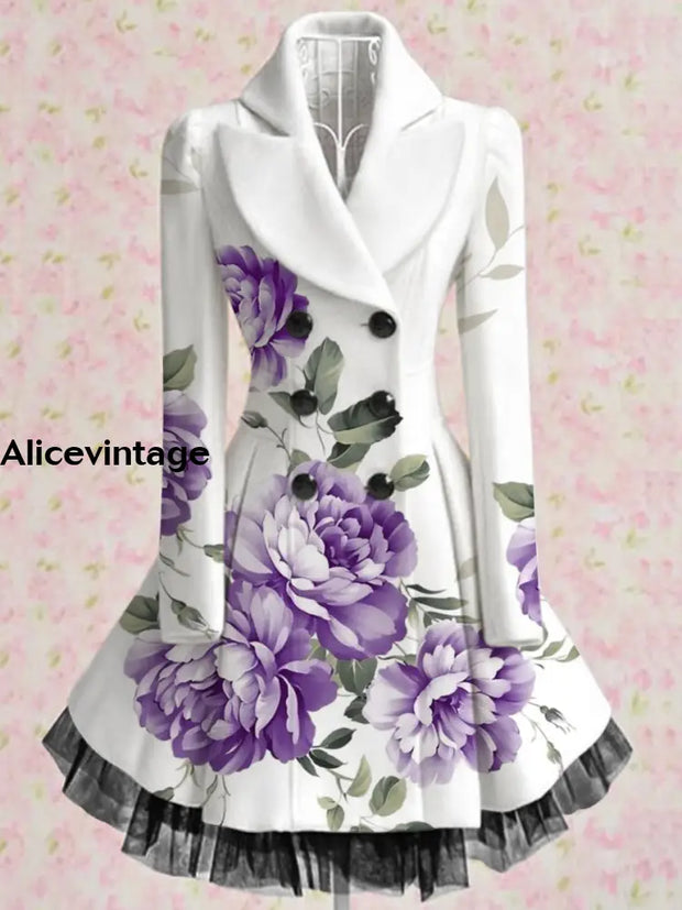 Floral Print Vintage Elegant Lapel V-Neck Button Up Long Sleeve Coat Dress