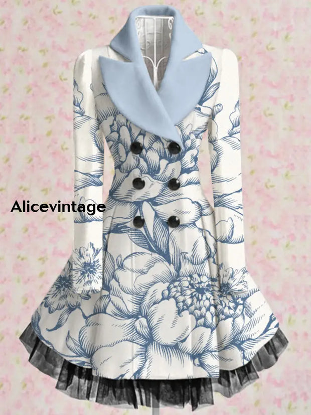 Floral Print Vintage Elegant Lapel V-Neck Button Up Long Sleeve Coat Dress