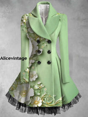 Floral Print Vintage Elegant Lapel V-Neck Button Up Long Sleeve Coat Dress