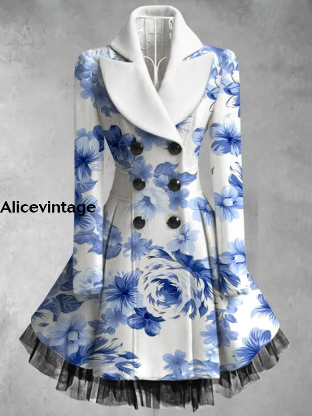 Floral Print Vintage Elegant Lapel V-Neck Button Up Long Sleeve Coat Dress