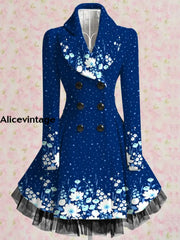 Floral Print Vintage Elegant Lapel V-Neck Button Up Long Sleeve Coat Dress