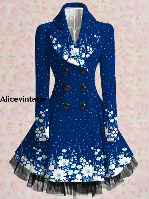 Floral Print Vintage Elegant Lapel V-Neck Button Up Long Sleeve Coat Dress