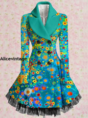 Floral Print Vintage Elegant Lapel V-Neck Button Up Long Sleeve Coat Dress