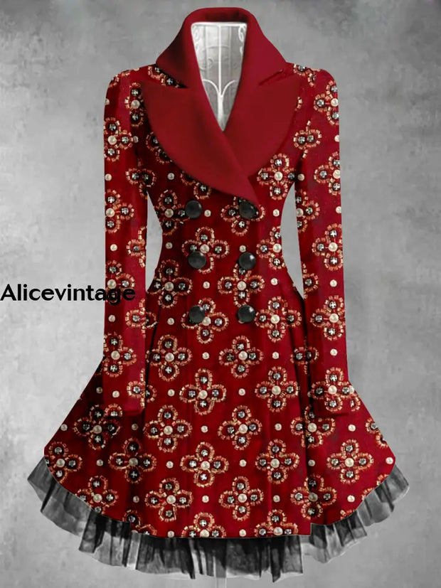 Floral Print Vintage Elegant Lapel V-Neck Button Up Long Sleeve Coat Dress