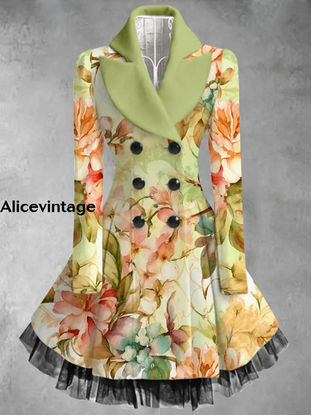 Floral Print Vintage Elegant Lapel V-Neck Button Up Long Sleeve Coat Dress