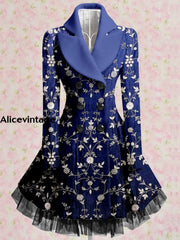 Floral Print Vintage Elegant Lapel V-Neck Button Up Long Sleeve Coat Dress