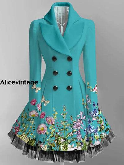 Floral Print Vintage Elegant Lapel V-Neck Button Up Long Sleeve Coat Dress