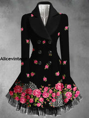 Floral Print Vintage Elegant Lapel V-Neck Button Up Long Sleeve Coat Dress