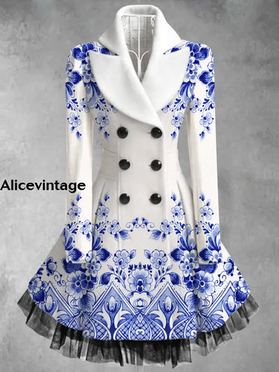 Floral Print Vintage Elegant Lapel V-Neck Button Up Long Sleeve Coat Dress