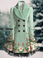 Floral Print Vintage Elegant Lapel V-Neck Button Up Long Sleeve Coat Dress A / S