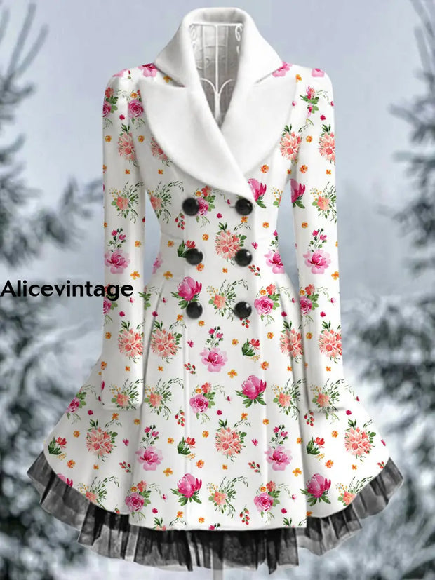 Floral Print Vintage Elegant Lapel V-Neck Button Up Long Sleeve Coat Dress A / S