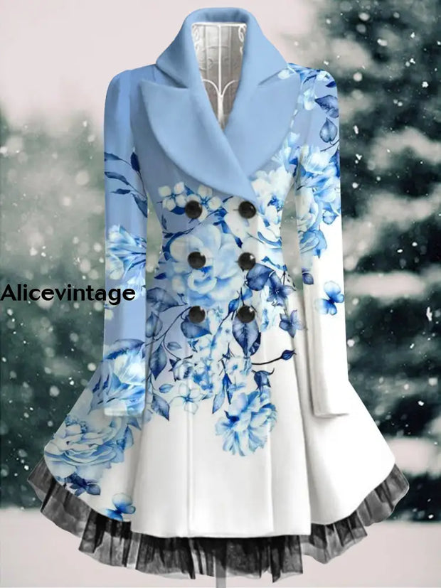 Floral Print Vintage Elegant Lapel V-Neck Button Up Long Sleeve Coat Dress A / S