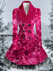 Floral Print Vintage Elegant Lapel V-Neck Button Up Long Sleeve Coat Dress A / S