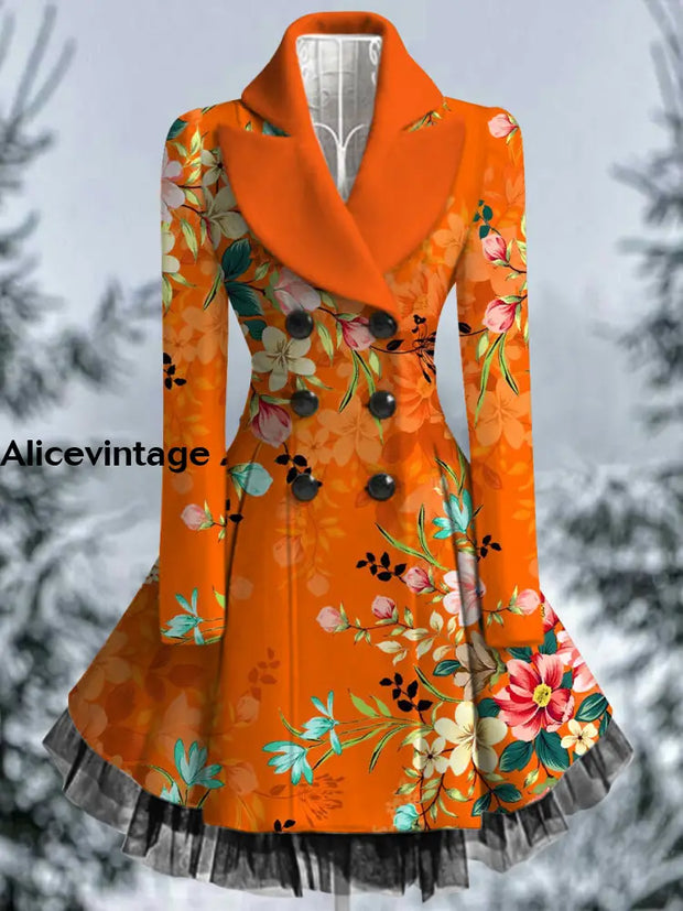 Floral Print Vintage Elegant Lapel V-Neck Button Up Long Sleeve Coat Dress A / S