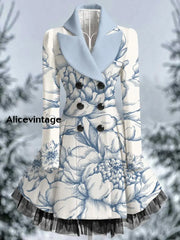 Floral Print Vintage Elegant Lapel V-Neck Button Up Long Sleeve Coat Dress A / S