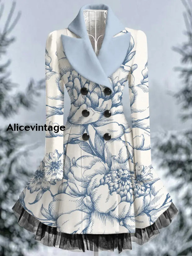 Floral Print Vintage Elegant Lapel V-Neck Button Up Long Sleeve Coat Dress A / S