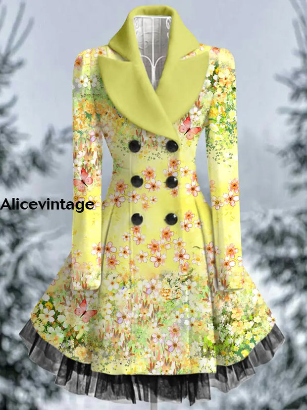 Floral Print Vintage Elegant Lapel V-Neck Button Up Long Sleeve Coat Dress A / S