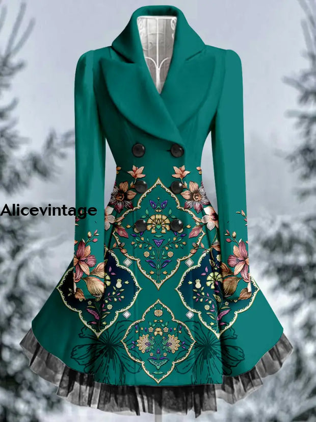 Floral Print Vintage Elegant Lapel V-Neck Button Up Long Sleeve Coat Dress A / S