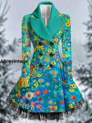 Floral Print Vintage Elegant Lapel V-Neck Button Up Long Sleeve Coat Dress A / S