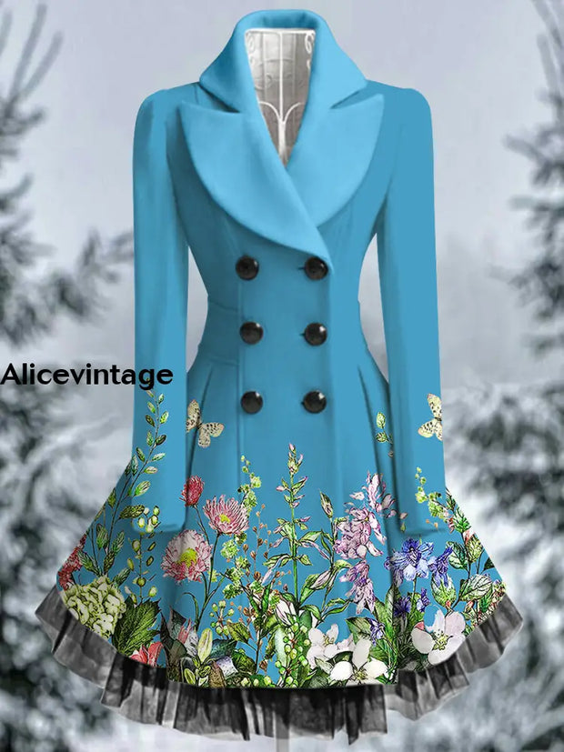 Floral Print Vintage Elegant Lapel V-Neck Button Up Long Sleeve Coat Dress A / S