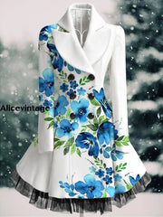 Floral Print Vintage Elegant Lapel V-Neck Button Up Long Sleeve Coat Dress A / S