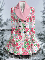 Floral Print Vintage Elegant Lapel V-Neck Button Up Long Sleeve Coat Dress A / S