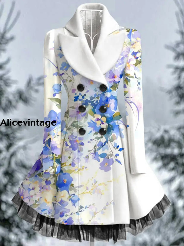 Floral Print Vintage Elegant Lapel V-Neck Button Up Long Sleeve Coat Dress A / S