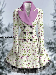 Floral Print Vintage Elegant Lapel V-Neck Button Up Long Sleeve Coat Dress A / S