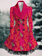 Floral Print Vintage Elegant Lapel V-Neck Button Up Long Sleeve Coat Dress A / S