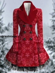 Floral Print Vintage Elegant Lapel V-Neck Button Up Long Sleeve Coat Dress A / S