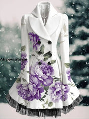 Floral Print Vintage Elegant Lapel V-Neck Button Up Long Sleeve Coat Dress A / S