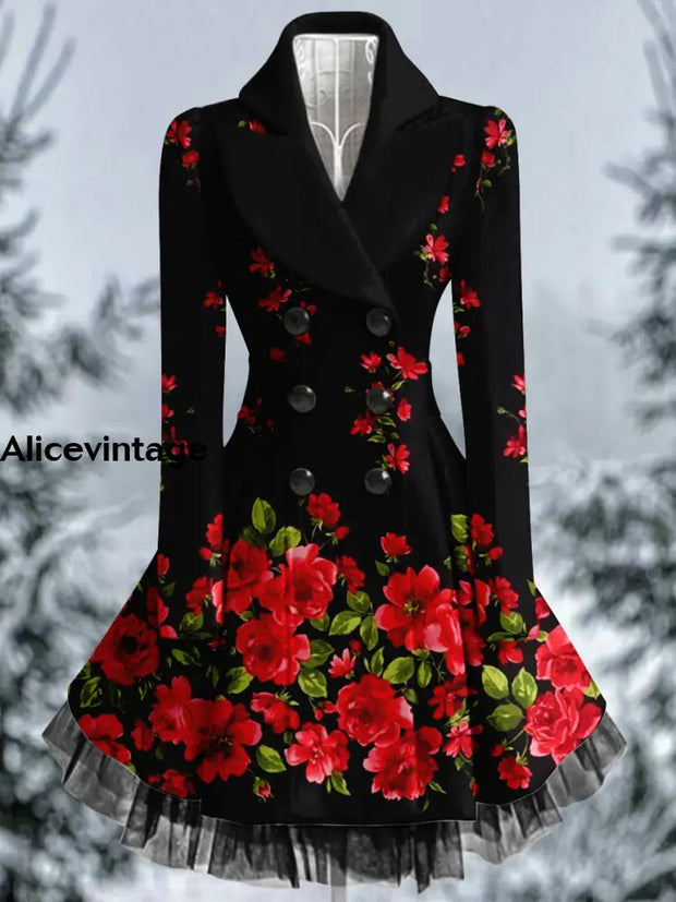 Floral Print Vintage Elegant Lapel V-Neck Button Up Long Sleeve Coat Dress A / S