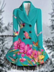 Floral Print Vintage Elegant Lapel V-Neck Button Up Long Sleeve Coat Dress A / S