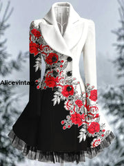 Floral Print Vintage Elegant Lapel V-Neck Button Up Long Sleeve Coat Dress A / S