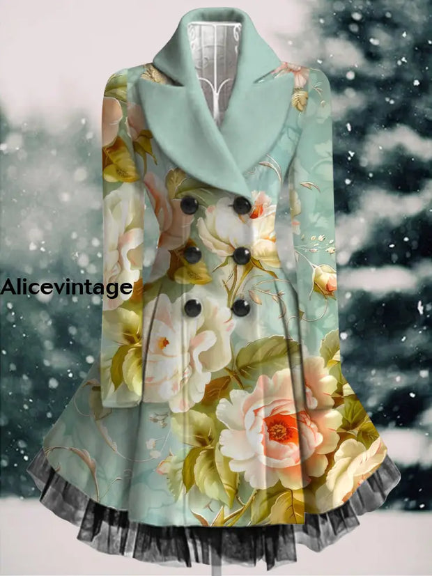 Floral Print Vintage Elegant Lapel V-Neck Button Up Long Sleeve Coat Dress A / S