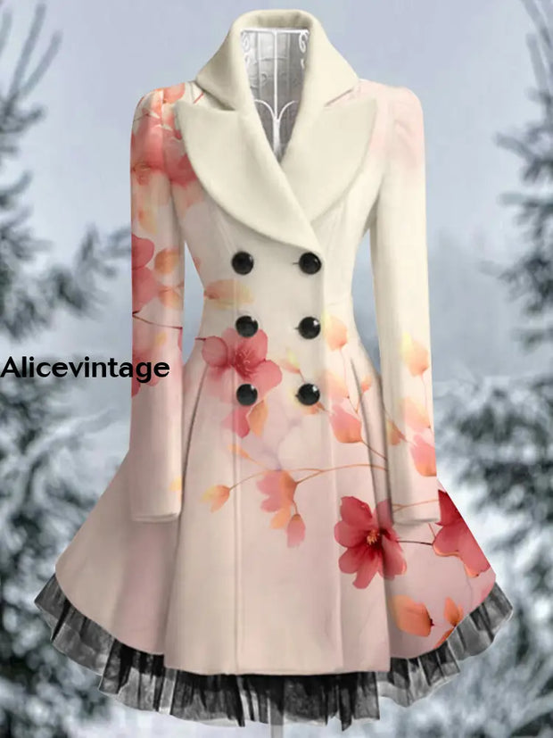 Floral Print Vintage Elegant Lapel V-Neck Button Up Long Sleeve Coat Dress A / S