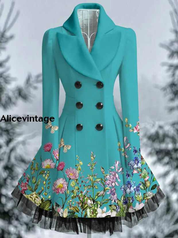 Floral Print Vintage Elegant Lapel V-Neck Button Up Long Sleeve Coat Dress A / S