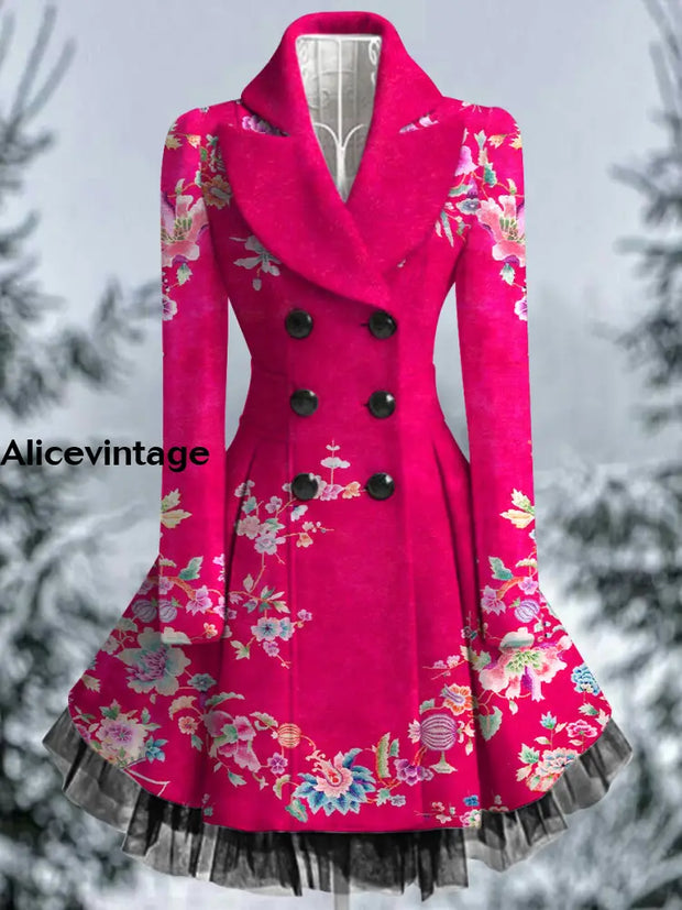 Floral Print Vintage Elegant Lapel V-Neck Button Up Long Sleeve Coat Dress A / S