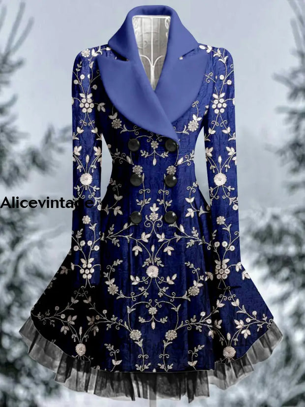 Floral Print Vintage Elegant Lapel V-Neck Button Up Long Sleeve Coat Dress A / S