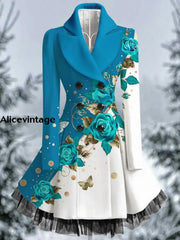 Floral Print Vintage Elegant Lapel V-Neck Button Up Long Sleeve Coat Dress A / S