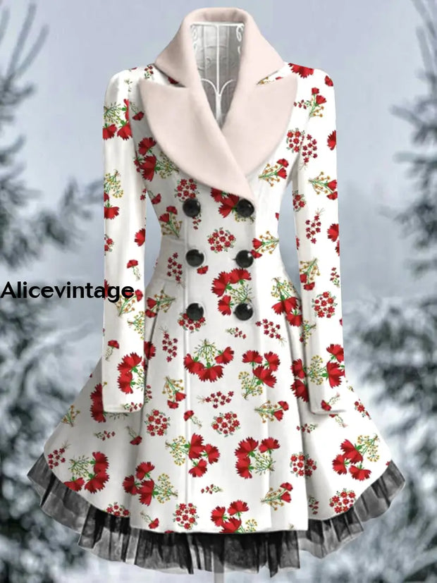 Floral Print Vintage Elegant Lapel V-Neck Button Up Long Sleeve Coat Dress A / S