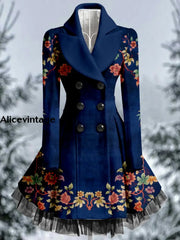 Floral Print Vintage Elegant Lapel V-Neck Button Up Long Sleeve Coat Dress A / S