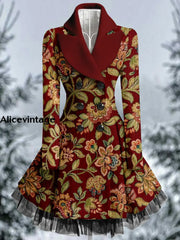 Floral Print Vintage Elegant Lapel V-Neck Button Up Long Sleeve Coat Dress A / S