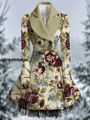 Floral Print Vintage Elegant Lapel V-Neck Button Up Long Sleeve Coat Dress A / S