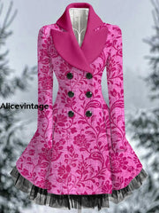 Floral Print Vintage Elegant Lapel V-Neck Button Up Long Sleeve Coat Dress A / S