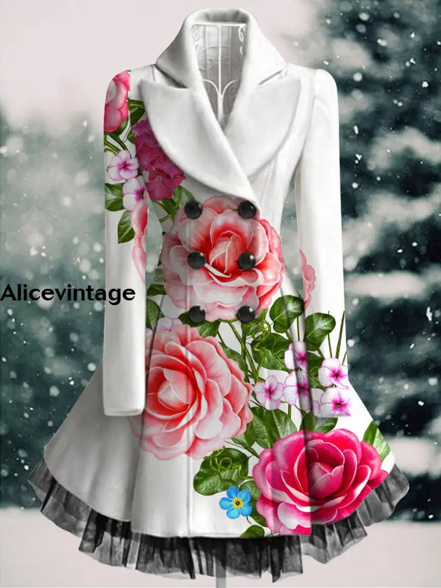 Floral Print Vintage Elegant Lapel V-Neck Button Up Long Sleeve Coat Dress A / S